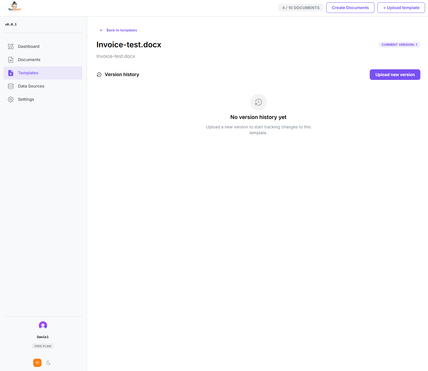 Template detail page with version history